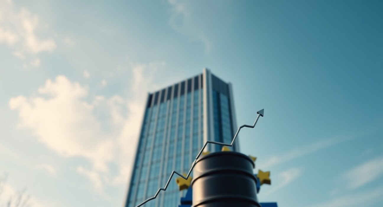 European Central Bank headquarters in Frankfurt with oil price graph overlay