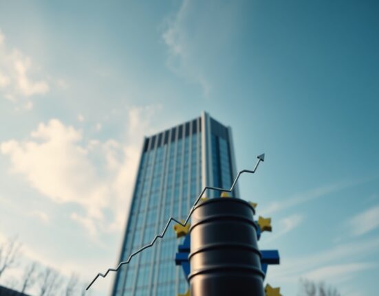 European Central Bank headquarters in Frankfurt with oil price graph overlay