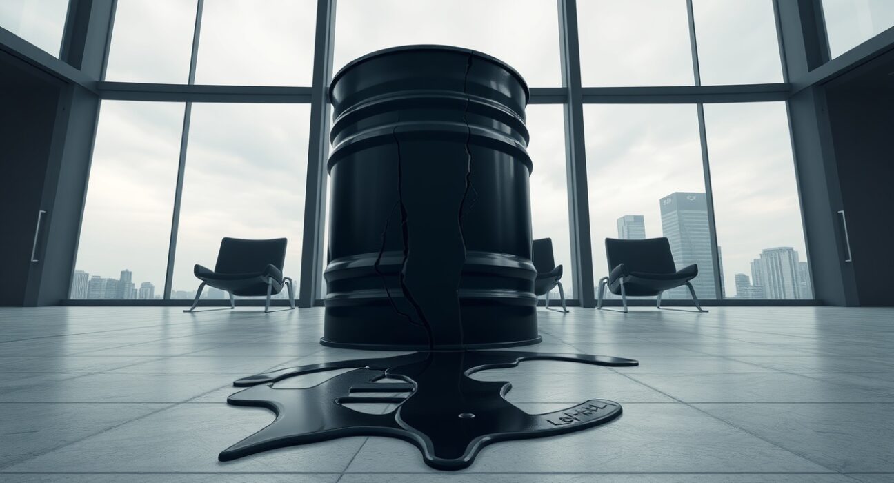 ECB oil shock: cracked barrel leaking oil onto ECB logo in boardroom, symbolizing economic pressure on rate path.