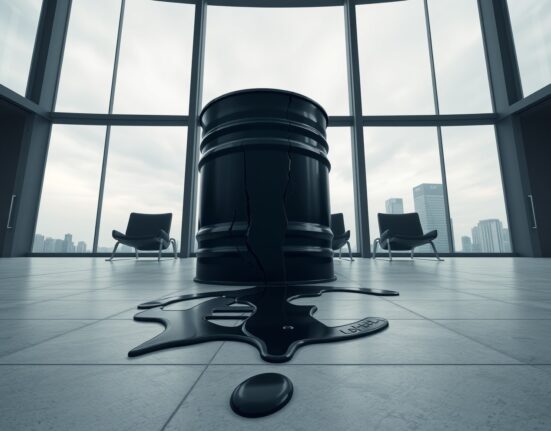 ECB oil shock: cracked barrel leaking oil onto ECB logo in boardroom, symbolizing economic pressure on rate path.