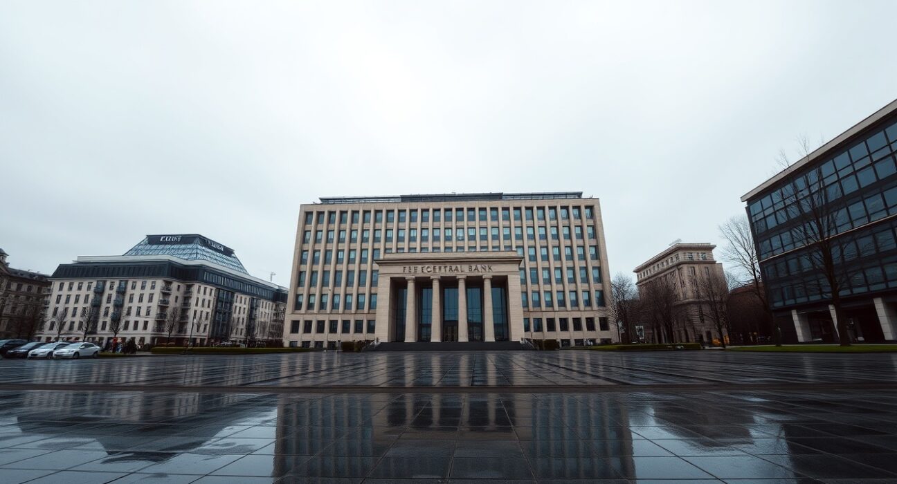 European Central Bank headquarters in Frankfurt under overcast sky, representing monetary policy outlook