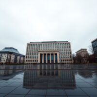 European Central Bank headquarters in Frankfurt under overcast sky, representing monetary policy outlook