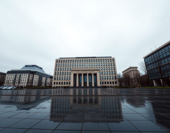 European Central Bank headquarters in Frankfurt under overcast sky, representing monetary policy outlook