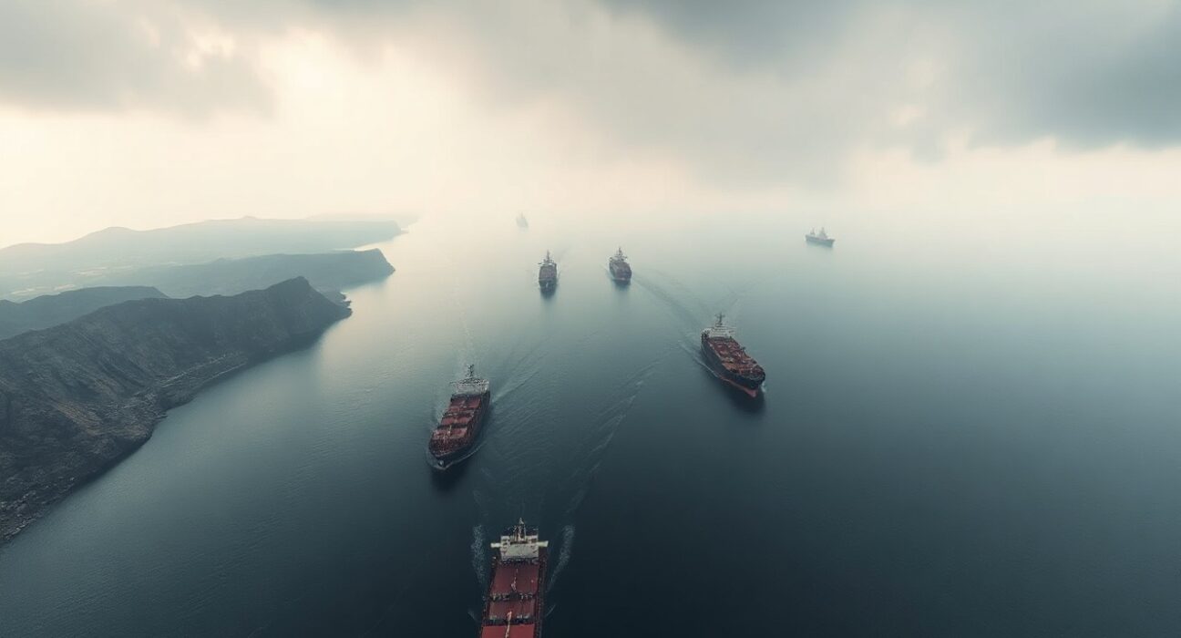 Oil tankers navigate the Strait of Hormuz under overcast skies, highlighting geopolitical uncertainty.