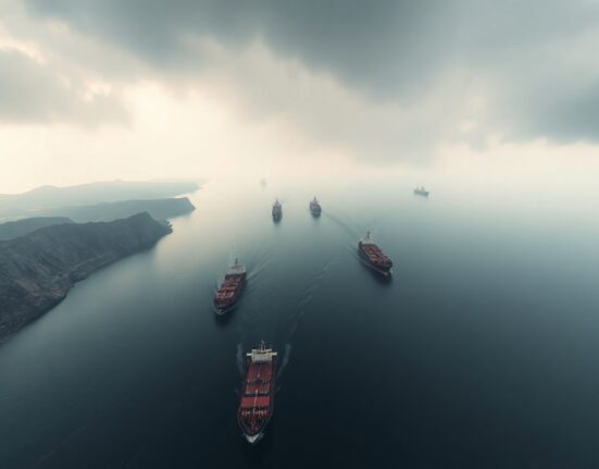 Oil tankers navigate the Strait of Hormuz under overcast skies, highlighting geopolitical uncertainty.