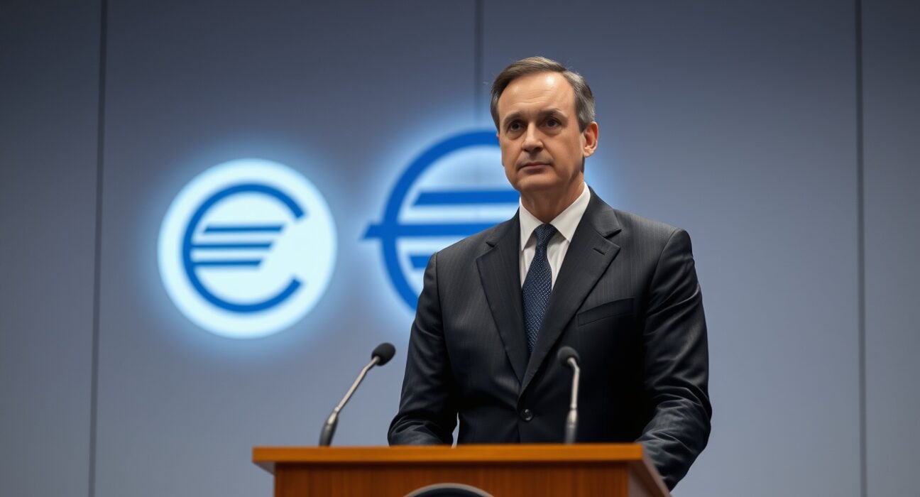 ECB official Patsalides speaking at a press conference on inflation and oil prices
