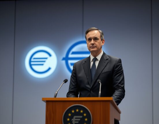 ECB official Patsalides speaking at a press conference on inflation and oil prices
