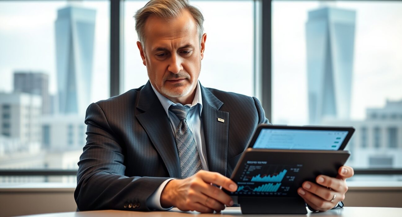 ECB official Christos Patsalides analyzing economic data charts during a policy review.