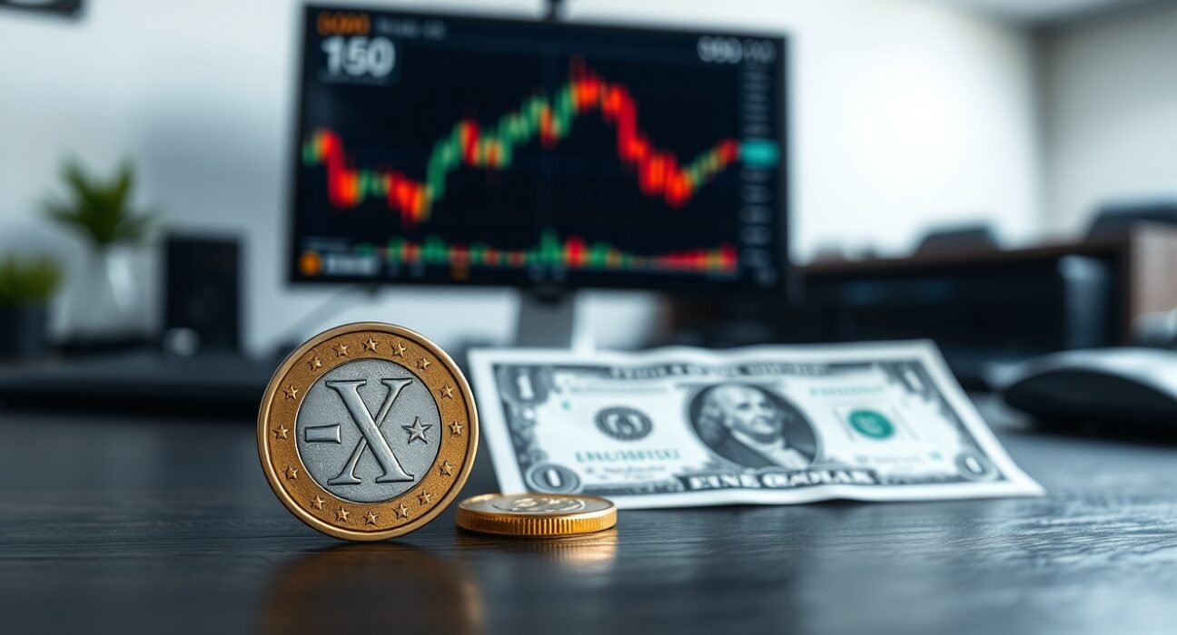 Euro coin and US dollar bill on a desk with a blurred financial chart in the background.