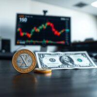 Euro coin and US dollar bill on a desk with a blurred financial chart in the background.