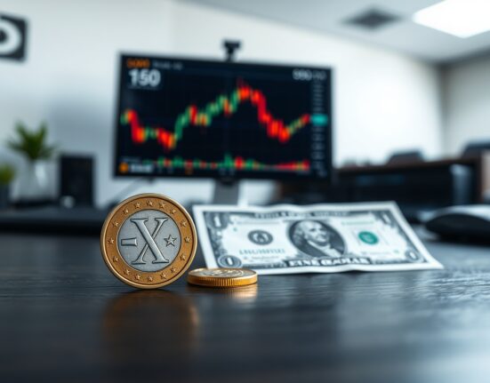 Euro coin and US dollar bill on a desk with a blurred financial chart in the background.