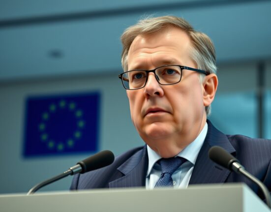 ECB Chief Economist Philip Lane speaking at a press conference in Frankfurt.