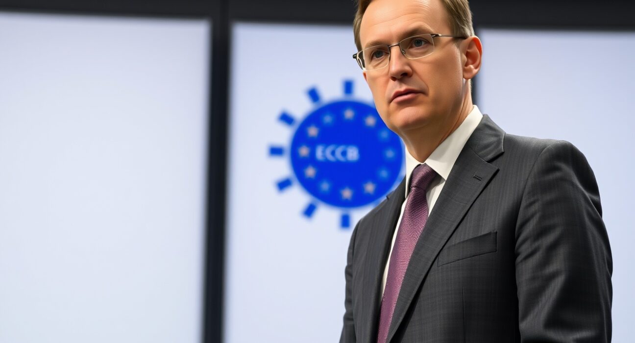 ECB Governing Council member Gediminas &Scaron;imkus discussing monetary policy at a press conference.