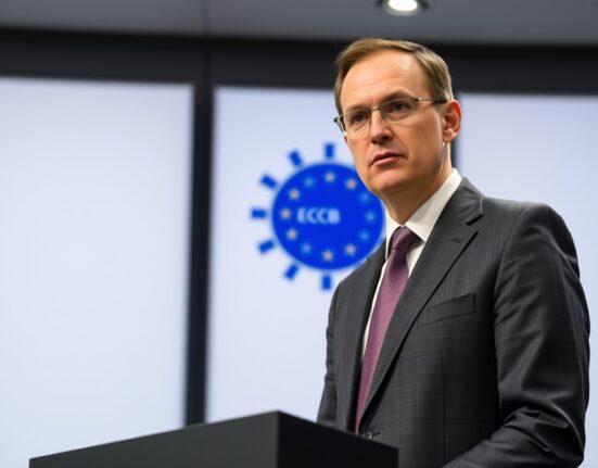 ECB Governing Council member Gediminas Šimkus discussing monetary policy at a press conference.