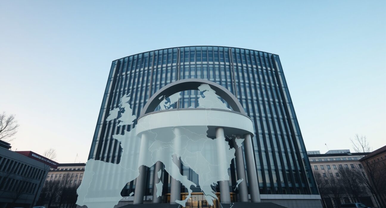 ECB policy outlook under pressure from Middle East geopolitical risks, symbolized by a Frankfurt building and map overlay.