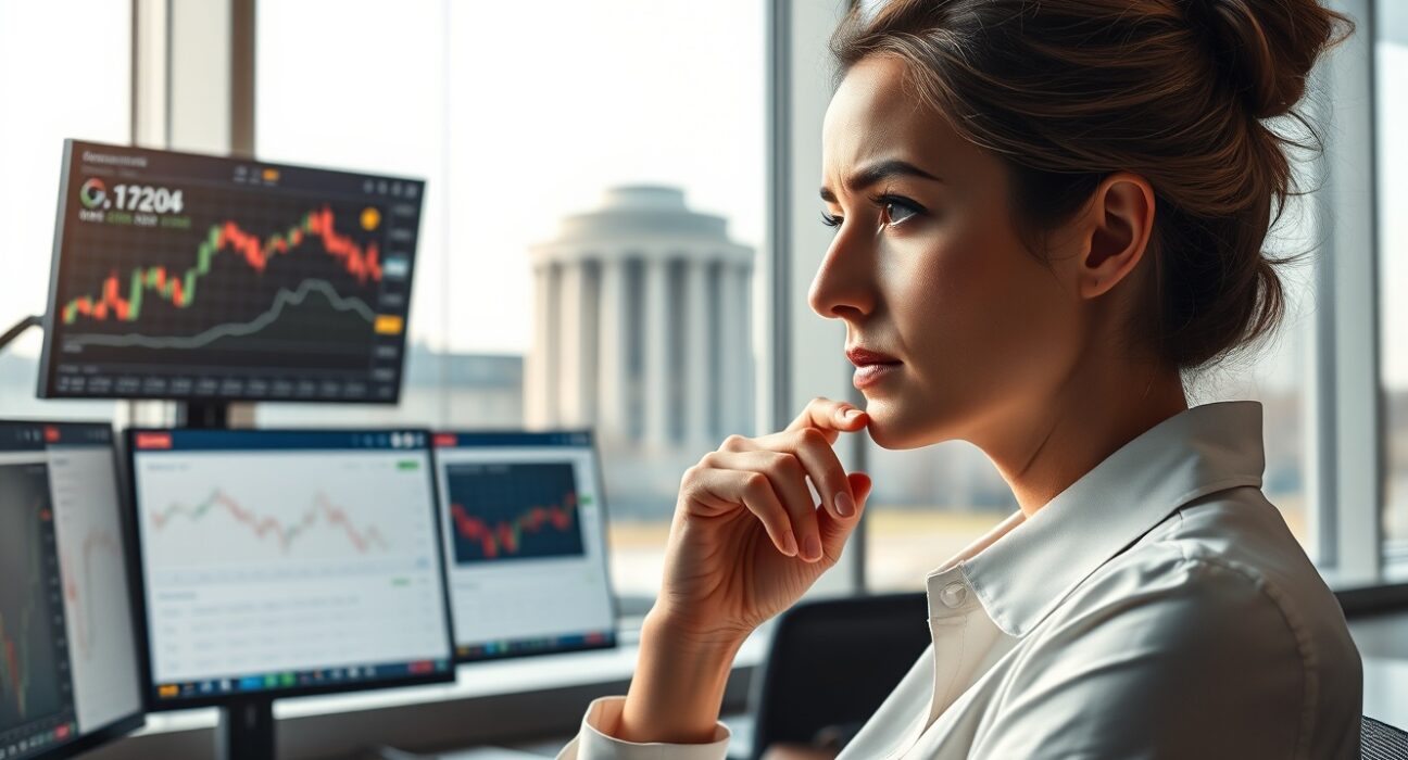 Financial analyst in Frankfurt assesses ECB monetary policy and Euro currency data amid geopolitical risk.