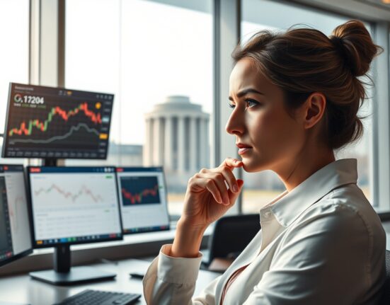 Financial analyst in Frankfurt assesses ECB monetary policy and Euro currency data amid geopolitical risk.