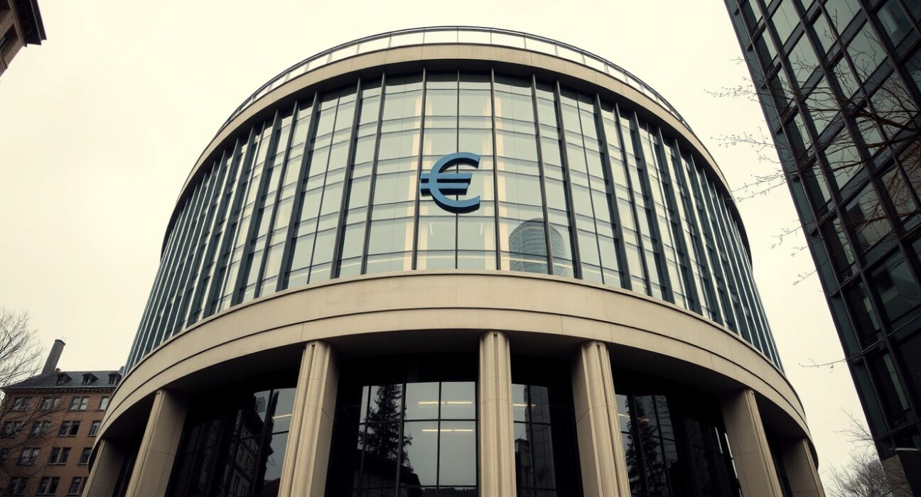 European Central Bank headquarters in Frankfurt under overcast sky, representing monetary policy uncertainty.