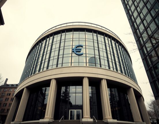 European Central Bank headquarters in Frankfurt under overcast sky, representing monetary policy uncertainty.