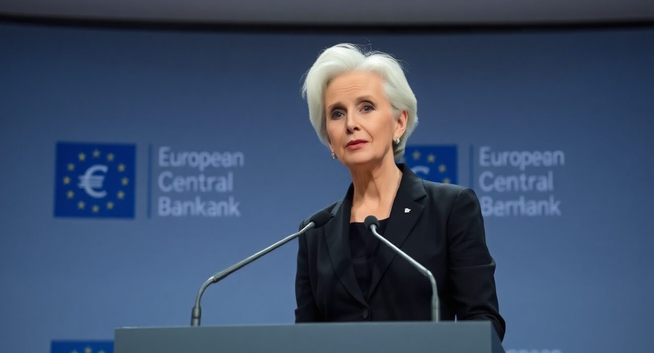 ECB President Christine Lagarde speaking at a press conference in Frankfurt after the June rate decision.