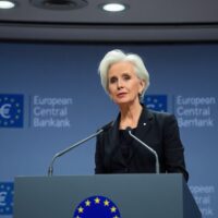 ECB President Christine Lagarde speaking at a press conference in Frankfurt after the June rate decision.