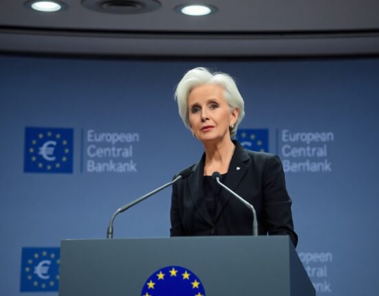 ECB President Christine Lagarde speaking at a press conference in Frankfurt after the June rate decision.