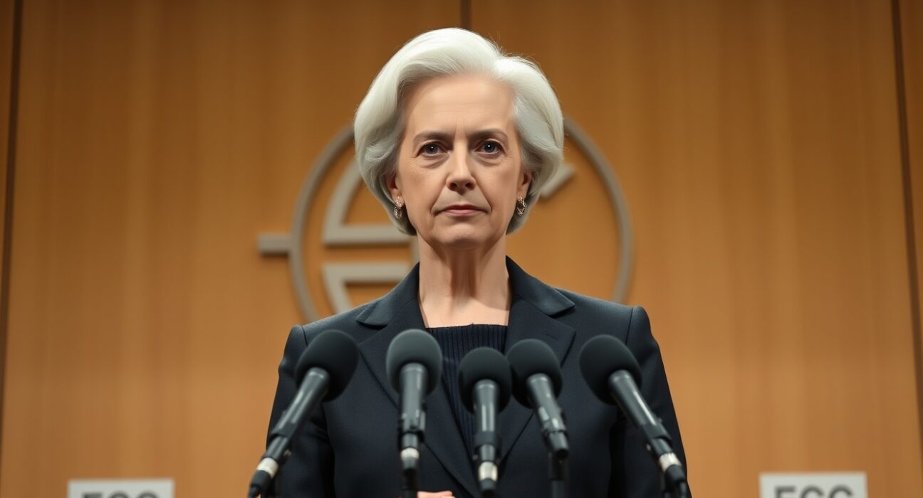 ECB President Christine Lagarde speaking at a press conference on monetary policy outlook after holding interest rates steady