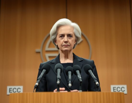 ECB President Christine Lagarde speaking at a press conference on monetary policy outlook after holding interest rates steady