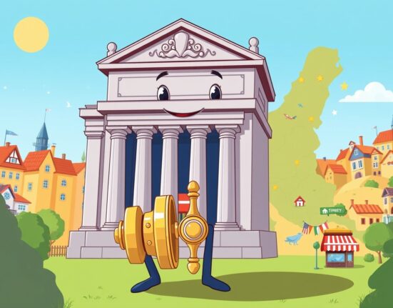 Cartoon of the ECB ending its rate-cutting cycle by lowering a large lever over a vibrant Eurozone.