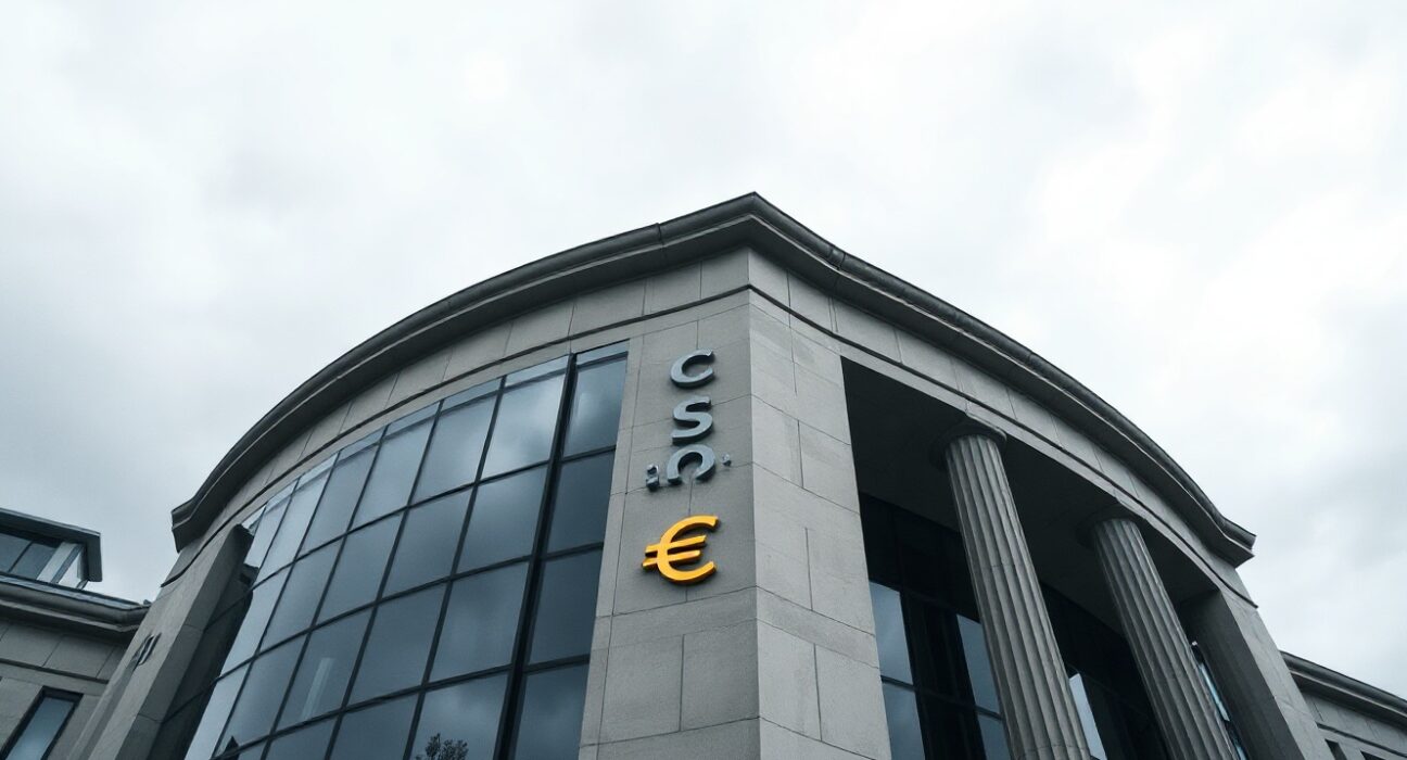 European Central Bank headquarters in Frankfurt under overcast sky, symbolizing economic uncertainty and rate decision