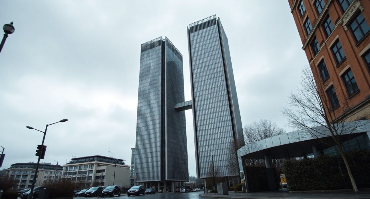 European Central Bank headquarters in Frankfurt under overcast sky, symbolizing monetary policy decision
