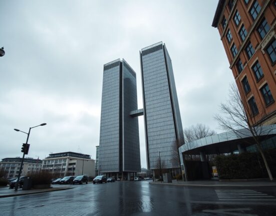 European Central Bank headquarters in Frankfurt under overcast sky, symbolizing monetary policy decision