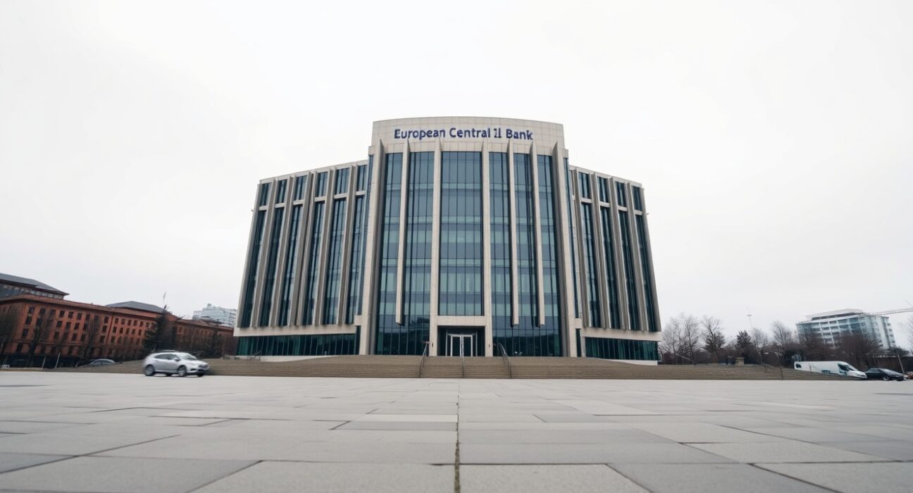 European Central Bank headquarters in Frankfurt under overcast sky, low-angle view