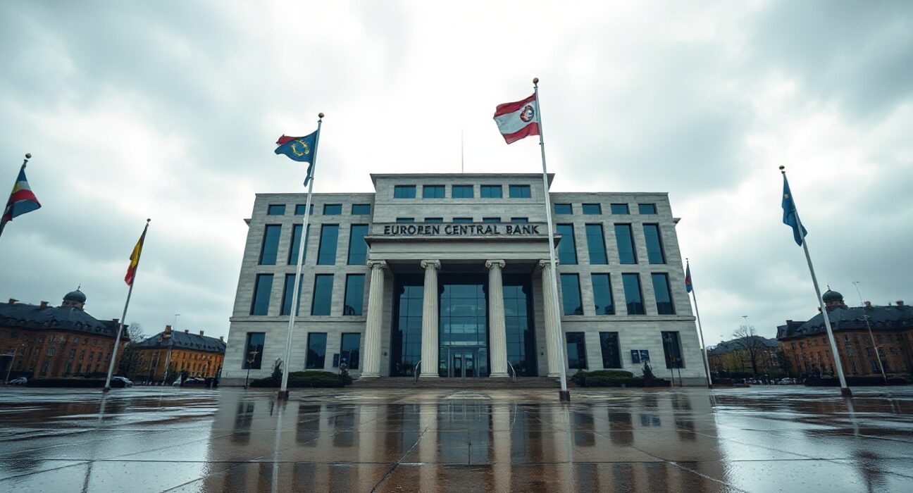 European Central Bank headquarters in Frankfurt under overcast sky, symbolizing monetary policy decision