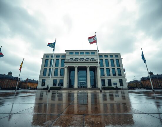 European Central Bank headquarters in Frankfurt under overcast sky, symbolizing monetary policy decision