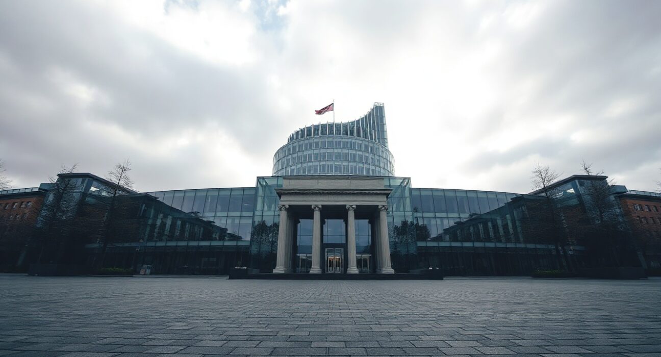European Central Bank headquarters in Frankfurt on a cloudy day
