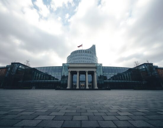 European Central Bank headquarters in Frankfurt on a cloudy day