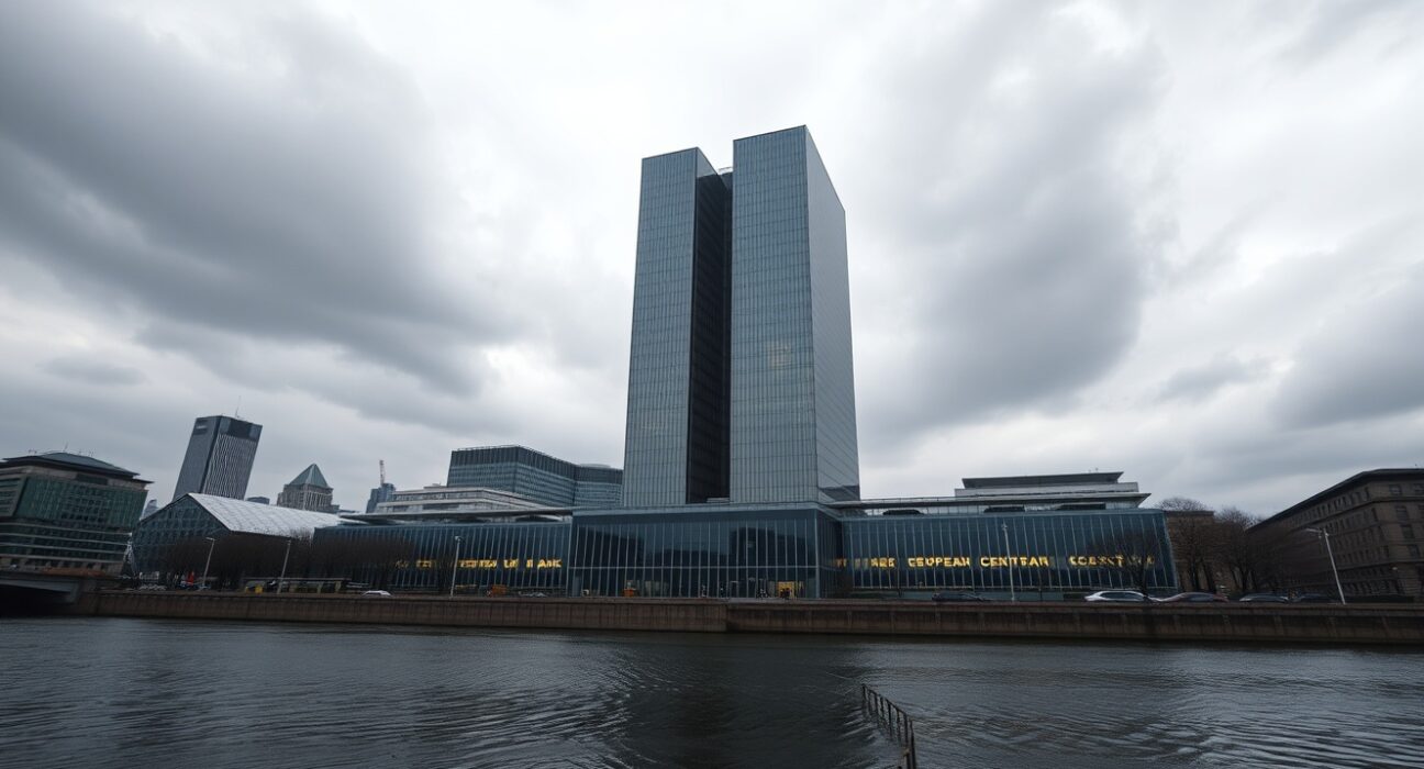 ECB rate hike warning: European Central Bank headquarters in Frankfurt under overcast sky signals tightening monetary policy.