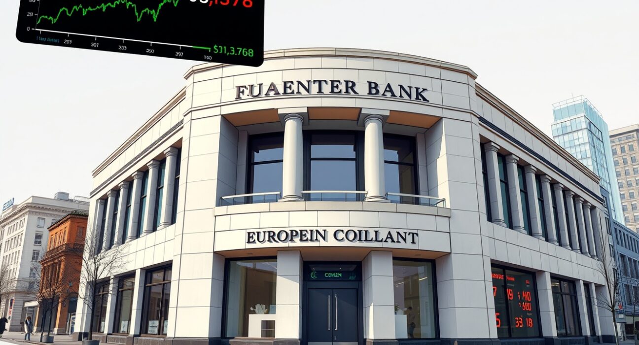 European Central Bank building with financial data overlay showing oil price and inflation trends affecting ECB policy.