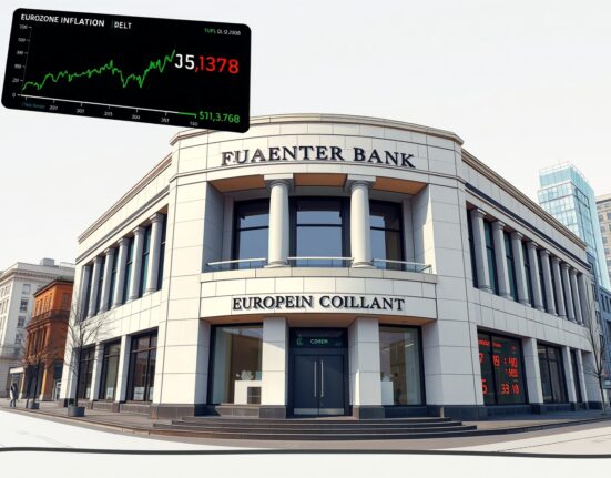European Central Bank building with financial data overlay showing oil price and inflation trends affecting ECB policy.
