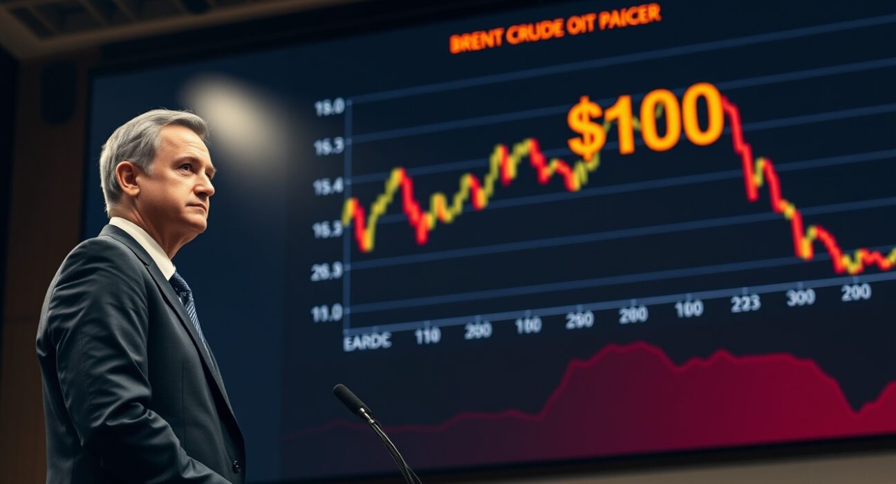 ECB official at podium with Brent crude oil price chart above $100, signaling potential rate hikes.