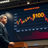 ECB official at podium with Brent crude oil price chart above $100, signaling potential rate hikes.