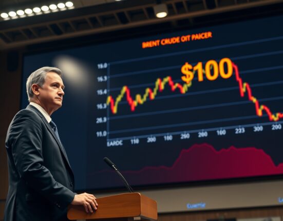 ECB official at podium with Brent crude oil price chart above $100, signaling potential rate hikes.