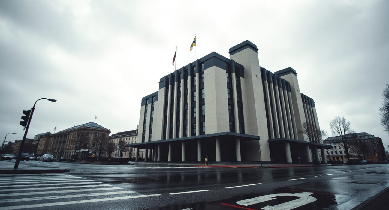 European Central Bank headquarters in Frankfurt under cloudy skies, symbolizing economic uncertainty