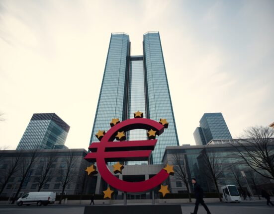 European Central Bank headquarters in Frankfurt under overcast sky