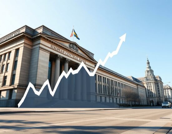 ECB building with oil price chart overlay illustrating the complication for interest rate policy.