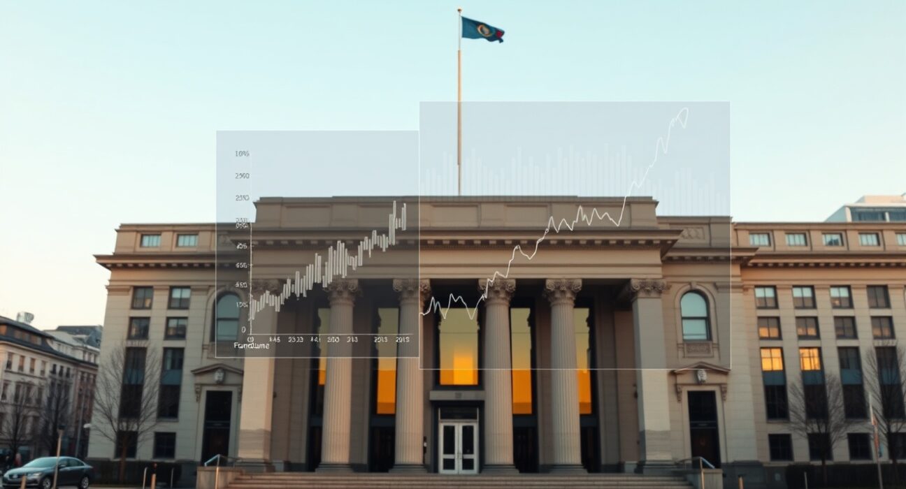 ECB building with data overlay showing the impact of energy prices on interest rate policy.