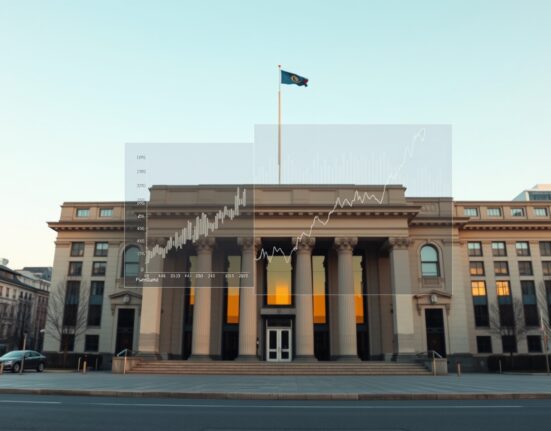 ECB building with data overlay showing the impact of energy prices on interest rate policy.