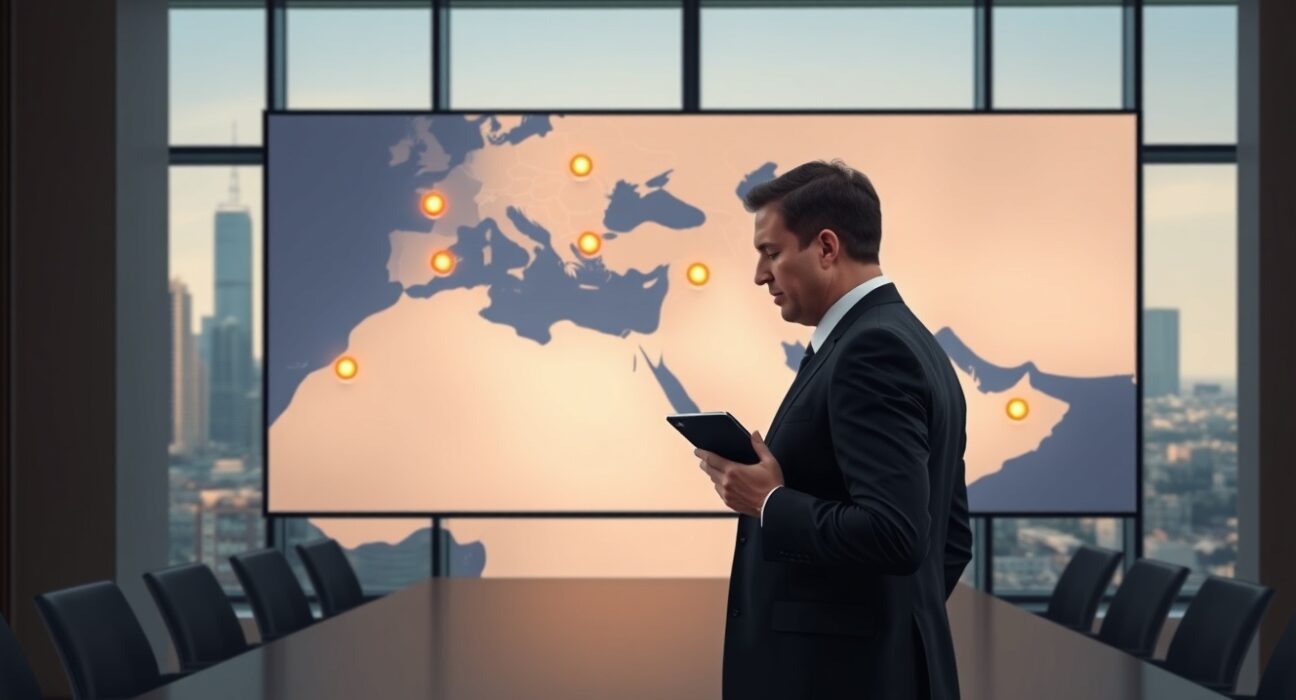 ECB policymaker analyzing Middle East geopolitical risk data affecting interest rate decisions