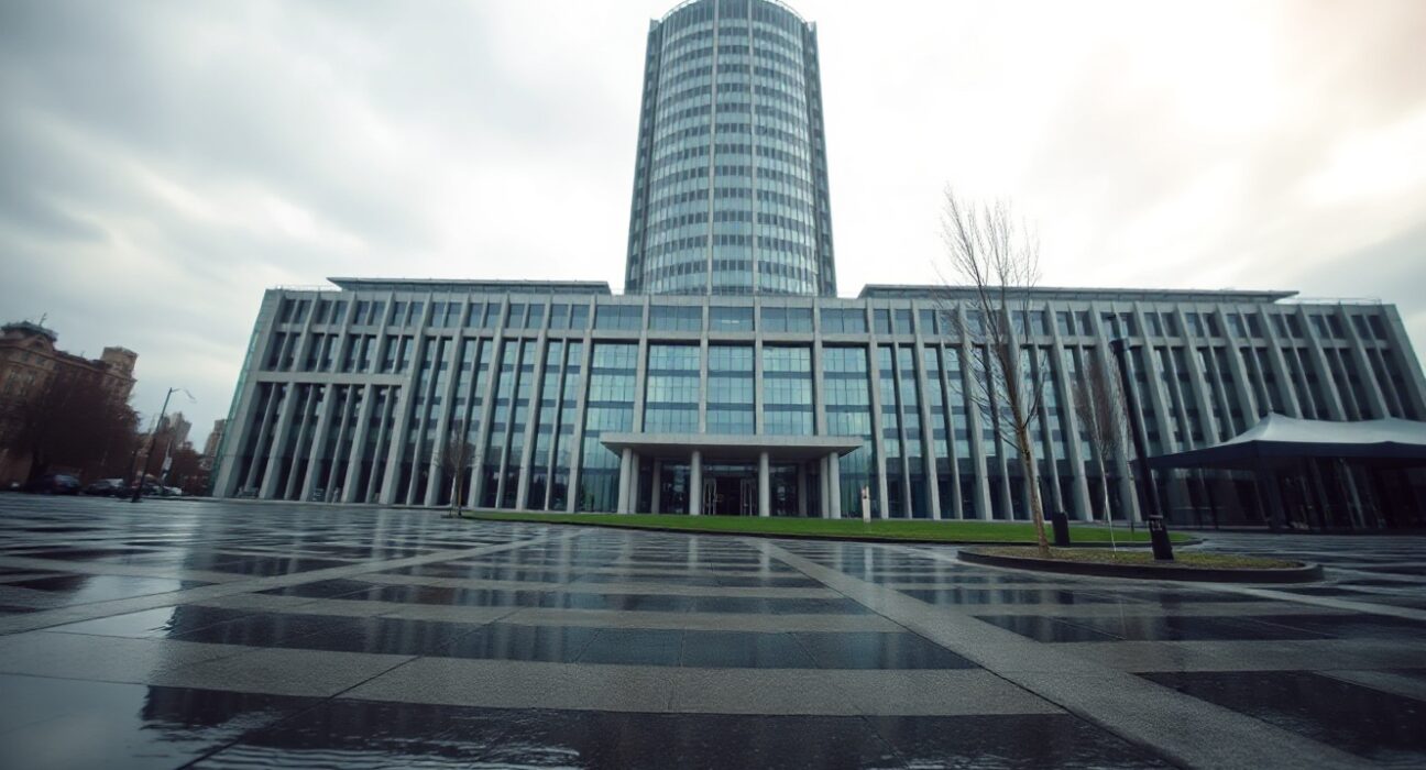 European Central Bank headquarters in Frankfurt, Germany, on a cloudy day